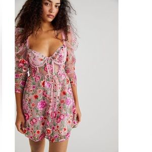 For Love & Lemons Tayla Ruffles Corset Embroidered Puff Sleeve Mini Dress